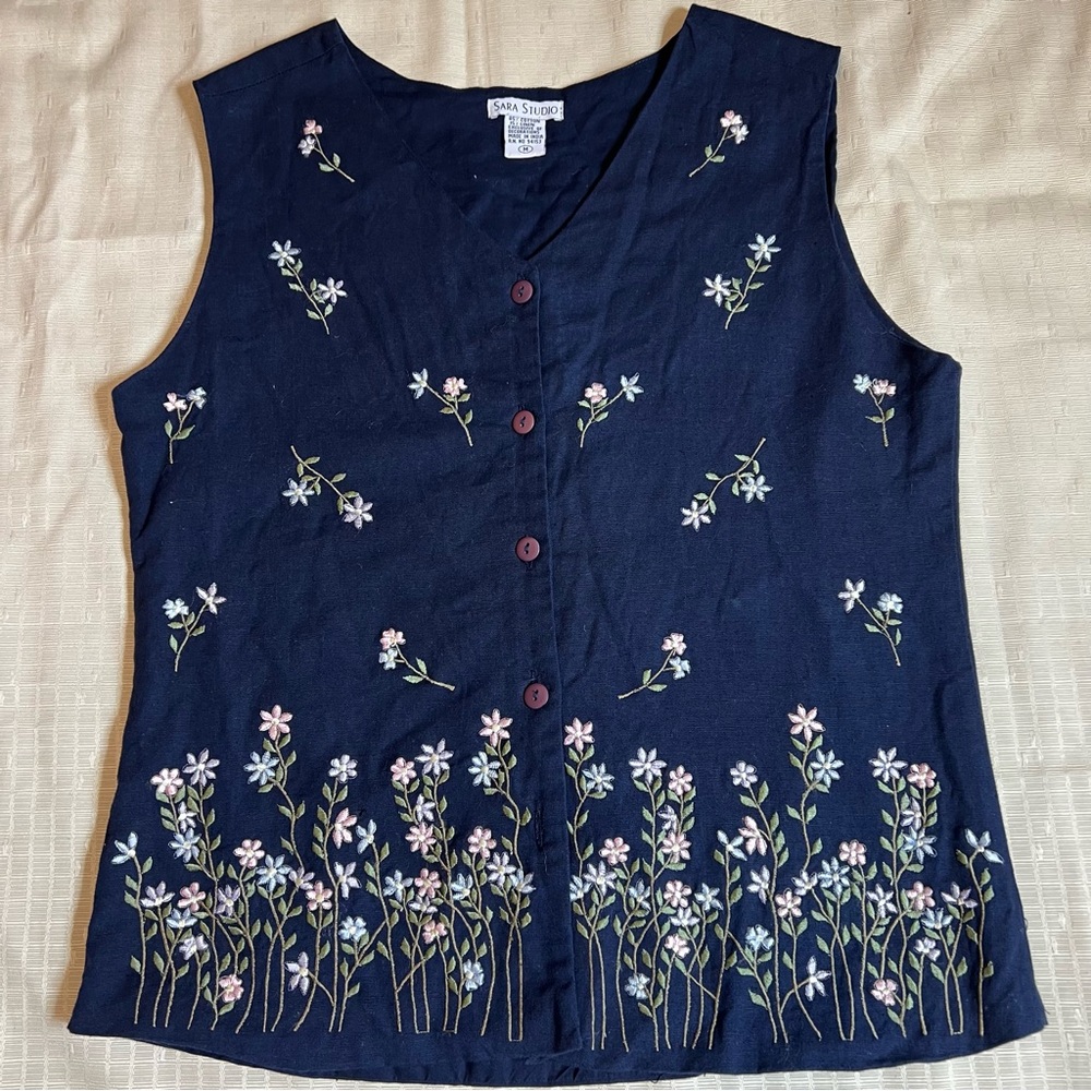 vintage sara studio womens blue w floral embroidery vest cotton blend size med